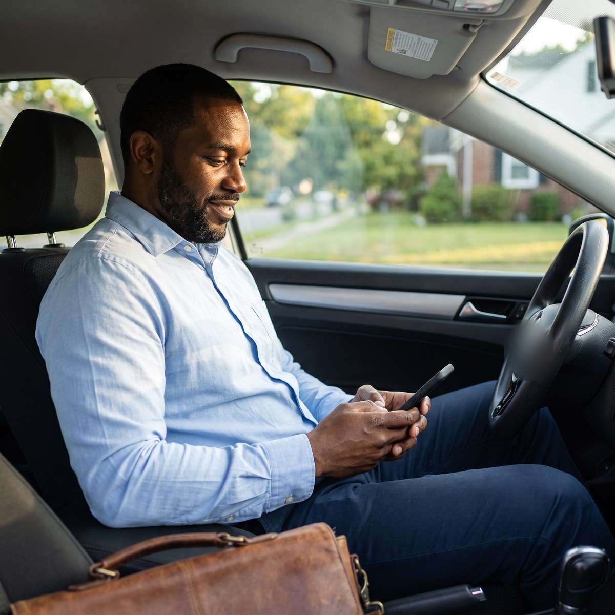 An agent checking his phone in his car between showings