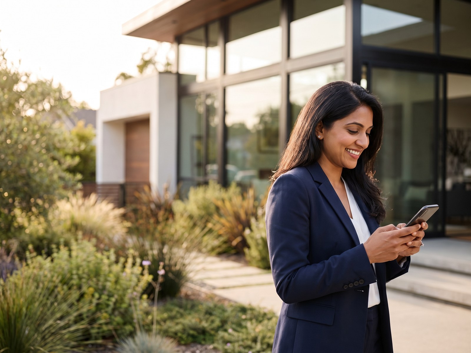 A real estate agent smiling at her phone outside a modern home