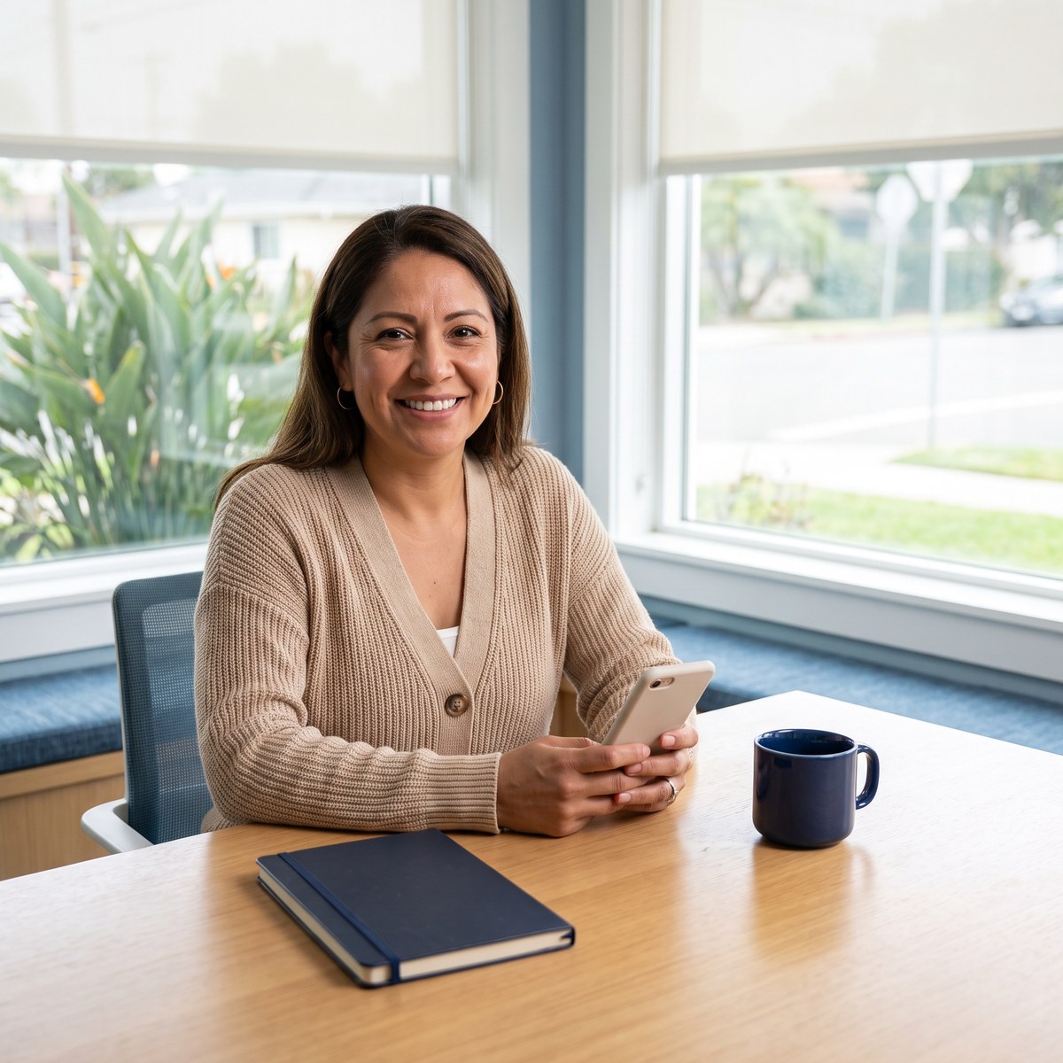 A community organizer at her desk holding a phone