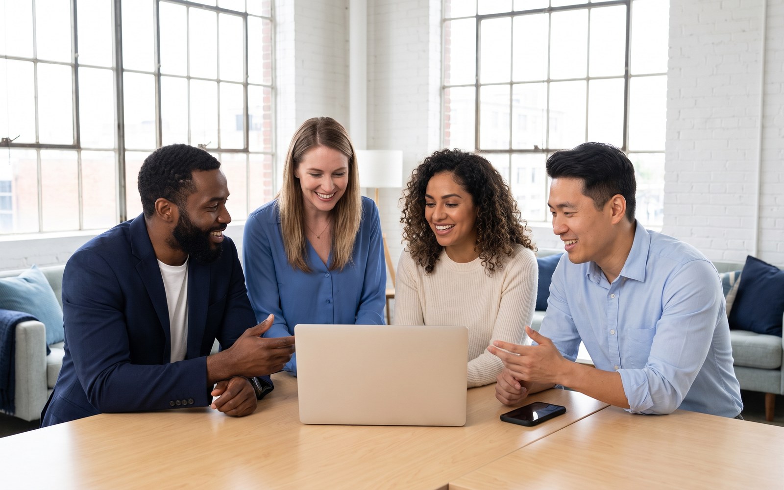 A brokerage team gathered around a laptop and phone in a bright office